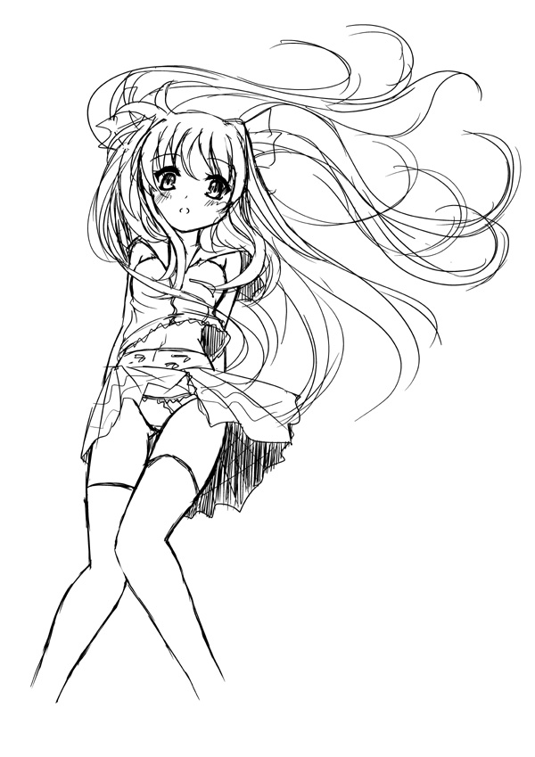 frapowa, fate testarossa, lyrical nanoha, mahou shoujo lyrical nanoha, 00s, greyscale, monochrome, panties, solo, thighhighs, underwear, wind, wind lift