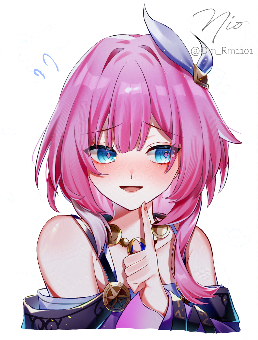om rm1101, cyrene (honkai: star rail), honkai: star rail, honkai (series), commentary request, 1girl, bare shoulders, blue eyes, blush, breasts, coat, cropped torso, dress, hair ornament, jewelry, looking to the side, medium hair, necklace, parted lips, pink hair, purple coat, simple background, small breasts, solo, twitter username, white background, white dress, white hair