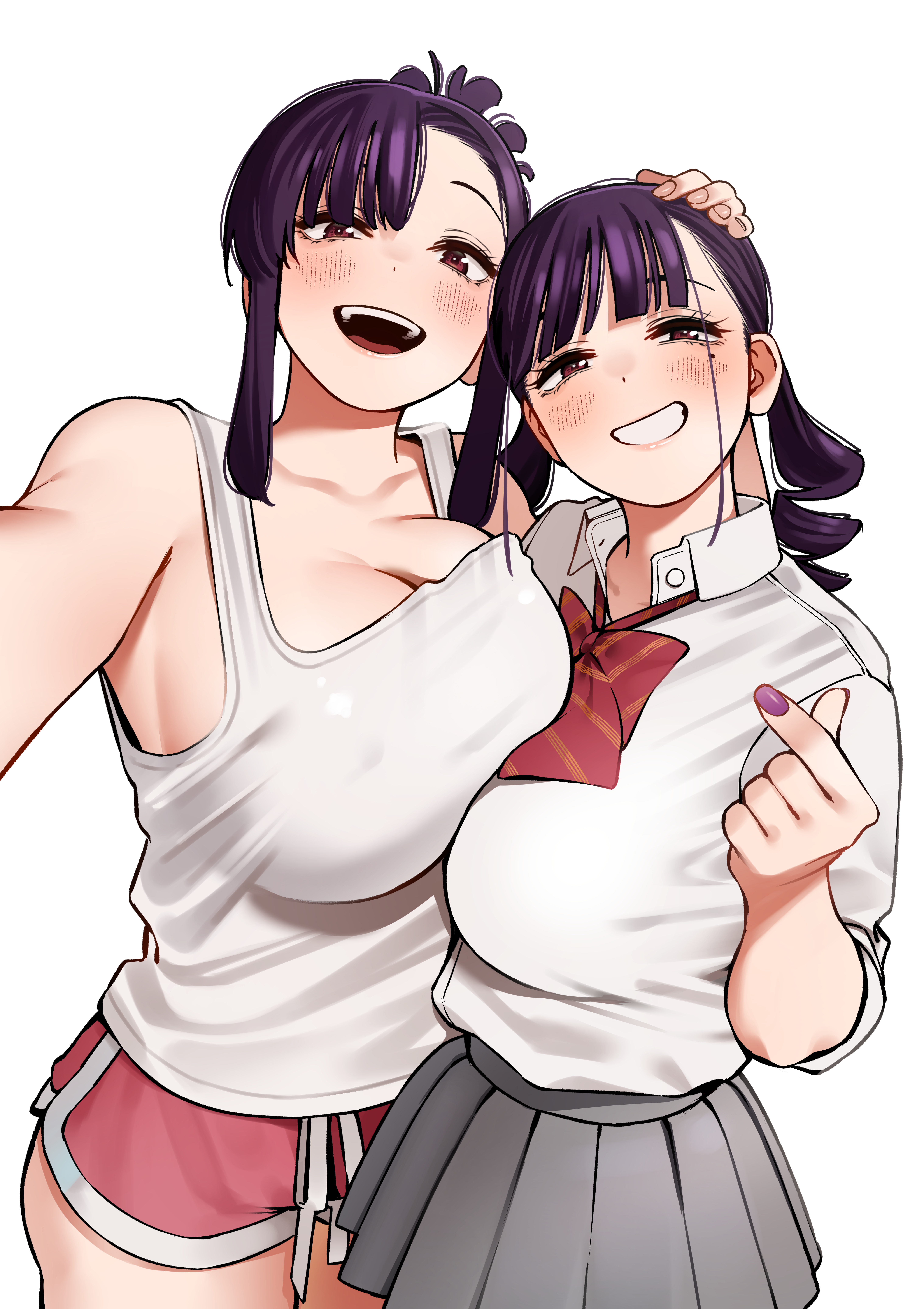 igarashi kyouhei, elder cousin (igarashi kyouhei), younger cousin (igarashi kyouhei), absurdres, highres, official art, 2girls, asymmetrical docking, blush, bow, breast press, breasts, brown eyes, cleavage, dolphin shorts, drill hair, finger heart, folded hair, folded ponytail, grey skirt, hair ornament, hairclip, huge breasts, itoko no onee-chan ni amaechau?, large breasts, looking at viewer, mole, mole under eye, multiple girls, pink shorts, pleated skirt, purple hair, school uniform, shirt, short shorts, shorts, simple background, skirt, smile, standing, tank top, twin drills, white background, white shirt, white tank top