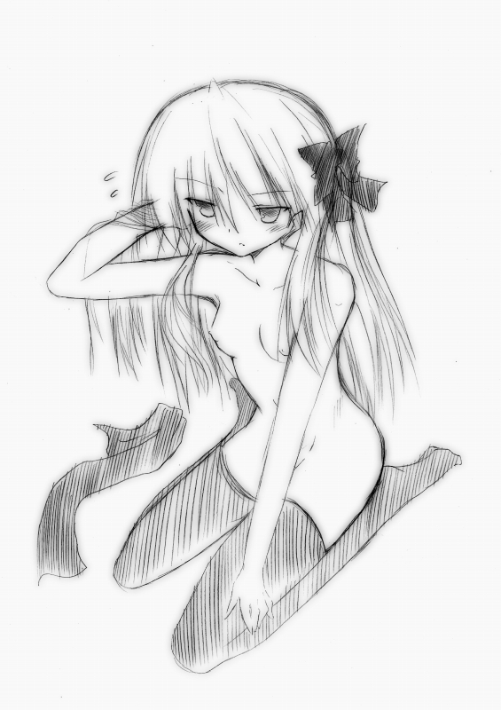 akane souichi, hiiragi kagami, lucky star, 00s, greyscale, monochrome, nipples, nude, solo, thighhighs