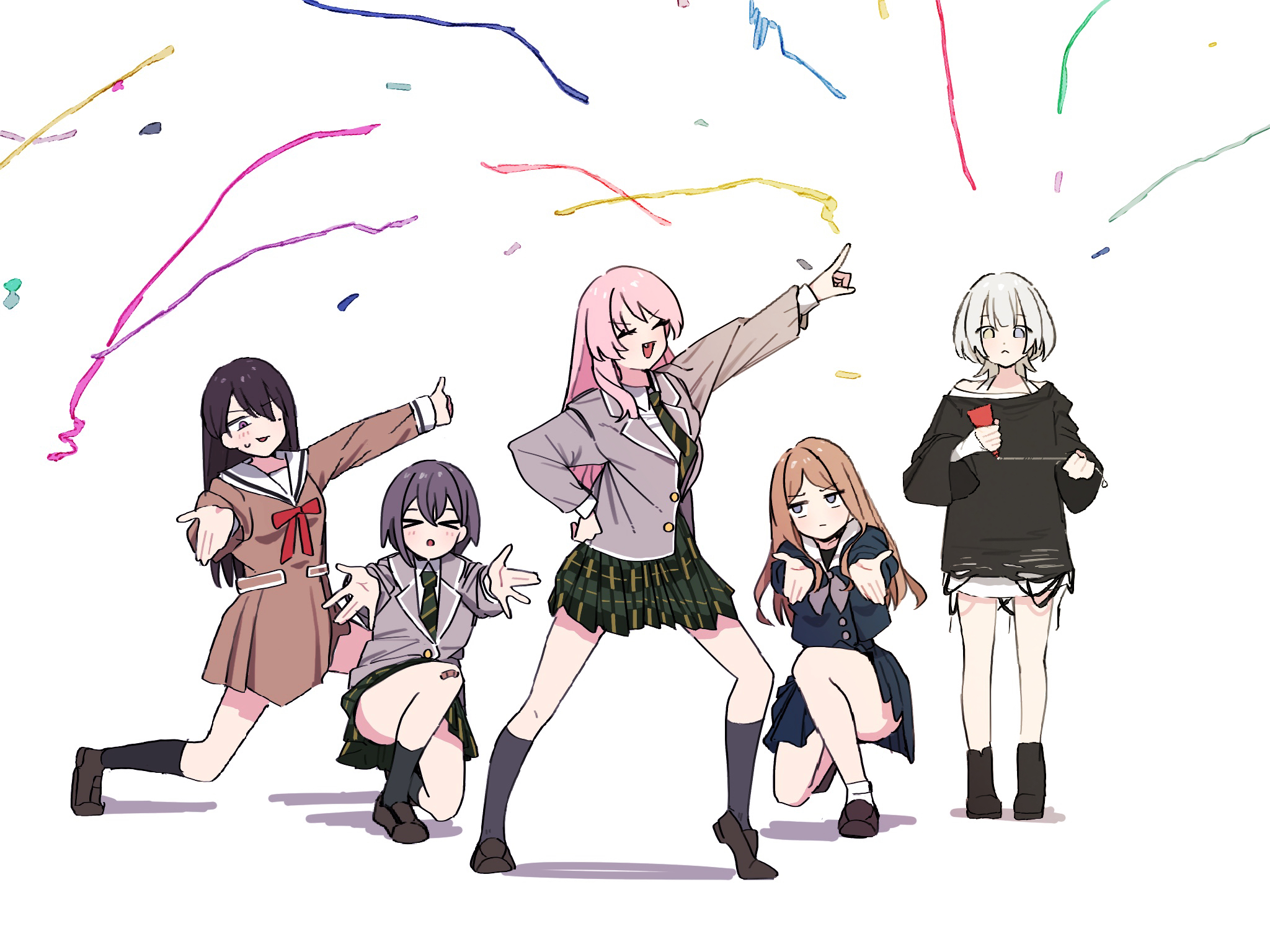peke (pekeiscat), chihaya anon, kaname raana, nagasaki soyo, shiina taki, takamatsu tomori, bang dream!, bang dream! it's mygo!!!!!, commentary, hashtag-only commentary, highres, > <, 5girls, bandaid, bandaid on knee, bandaid on leg, black hair, black shirt, black shoes, black socks, blue eyes, blue shirt, blue skirt, blush, brown dress, brown hair, closed mouth, confetti, diagonal-striped clothes, diagonal-striped necktie, dress, fang, green necktie, green skirt, grey hair, grey jacket, grey neckerchief, hanasakigawa school uniform, hand on own hip, haneoka school uniform, heterochromia, jacket, kneehighs, kneeling, layered sleeves, long hair, long sleeves, medium hair, mole, mole under eye, multiple girls, mygo!!!!! (bang dream!), neckerchief, necktie, open mouth, party popper, pink hair, plaid clothes, plaid skirt, pleated skirt, pointing, pointing up, purple eyes, sailor dress, school uniform, shirt, shoes, short hair, short over long sleeves, short sleeves, simple background, skirt, socks, striped clothes, sweatdrop, tsukinomori school uniform, white background, white hair, white shirt, wolf cut, yellow eyes