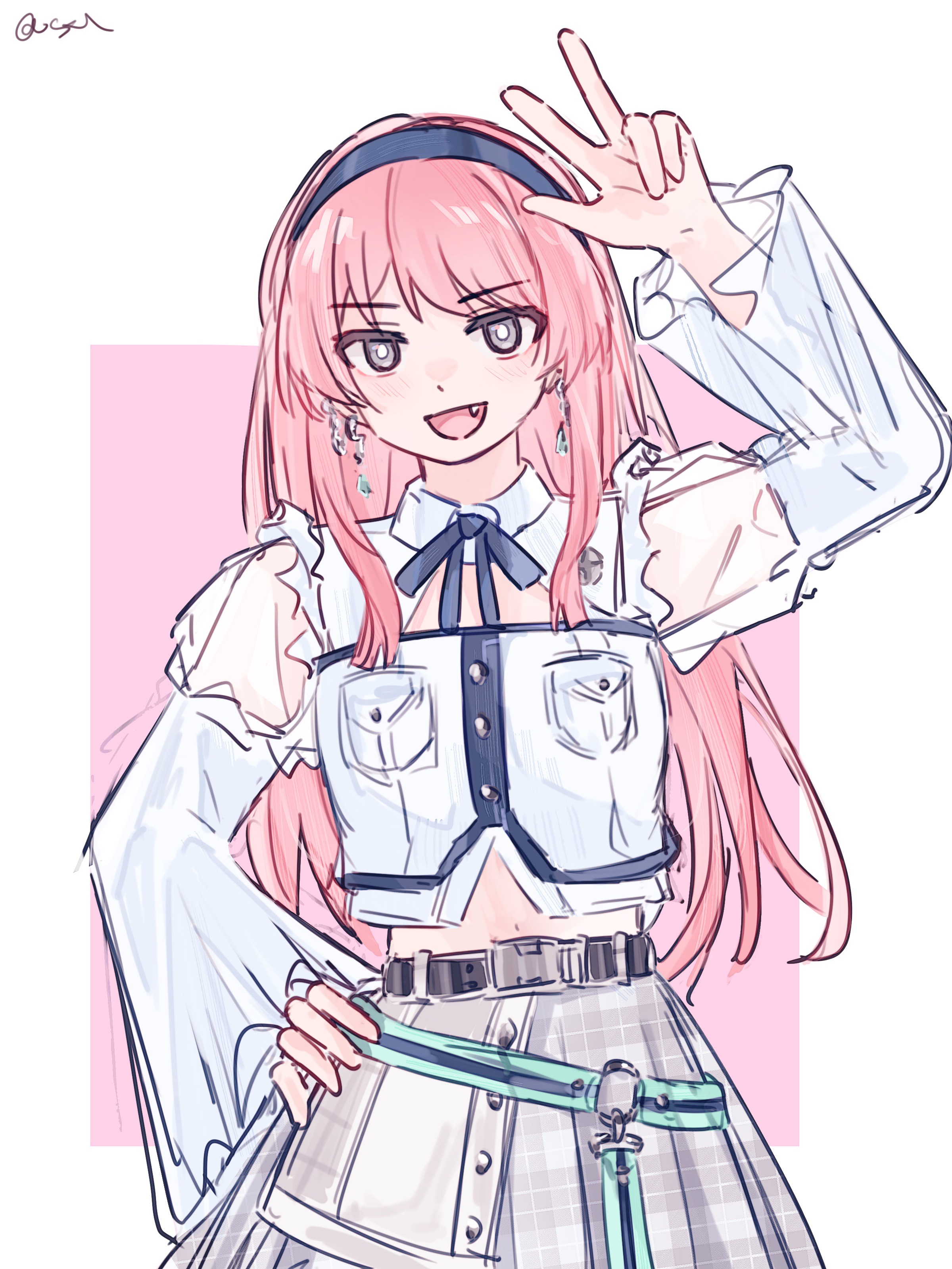 keyun, chihaya anon, bang dream!, bang dream! it's mygo!!!!!, absurdres, chinese commentary, commentary request, highres, 1girl, arm up, blue hairband, blue ribbon, earrings, fang, grey eyes, grey skirt, hairband, hand on own hip, jewelry, long sleeves, midriff, navel, neck ribbon, ribbon, shirt, skirt, solo, w, white shirt