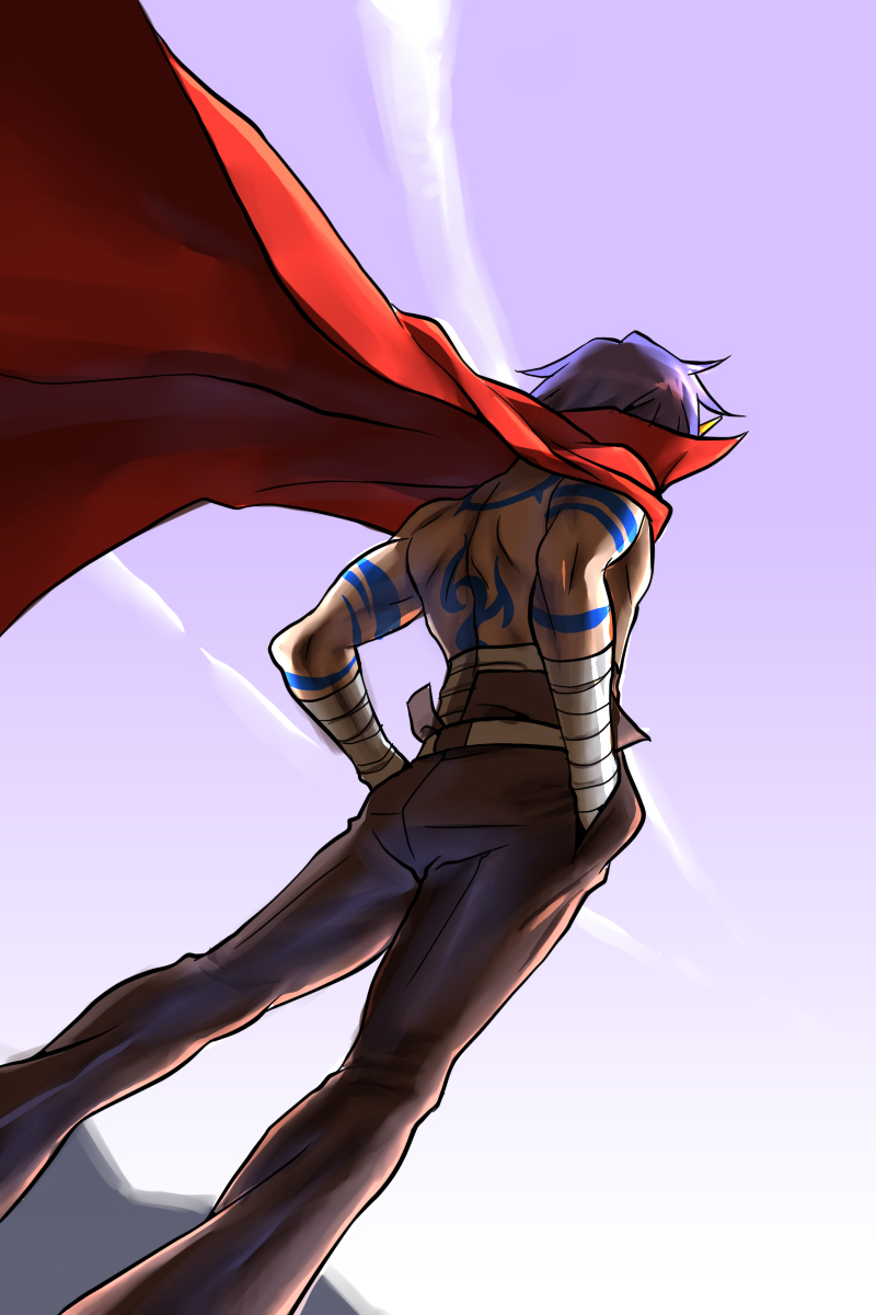 g-tetsu, kamina (ttgl), tengen toppa gurren lagann, highres, 00s, 1boy, back, back tattoo, blue hair, bodypaint, cape, from behind, glasses, hands in pockets, kamina shades, male focus, solo, tattoo, topless male, triangular eyewear