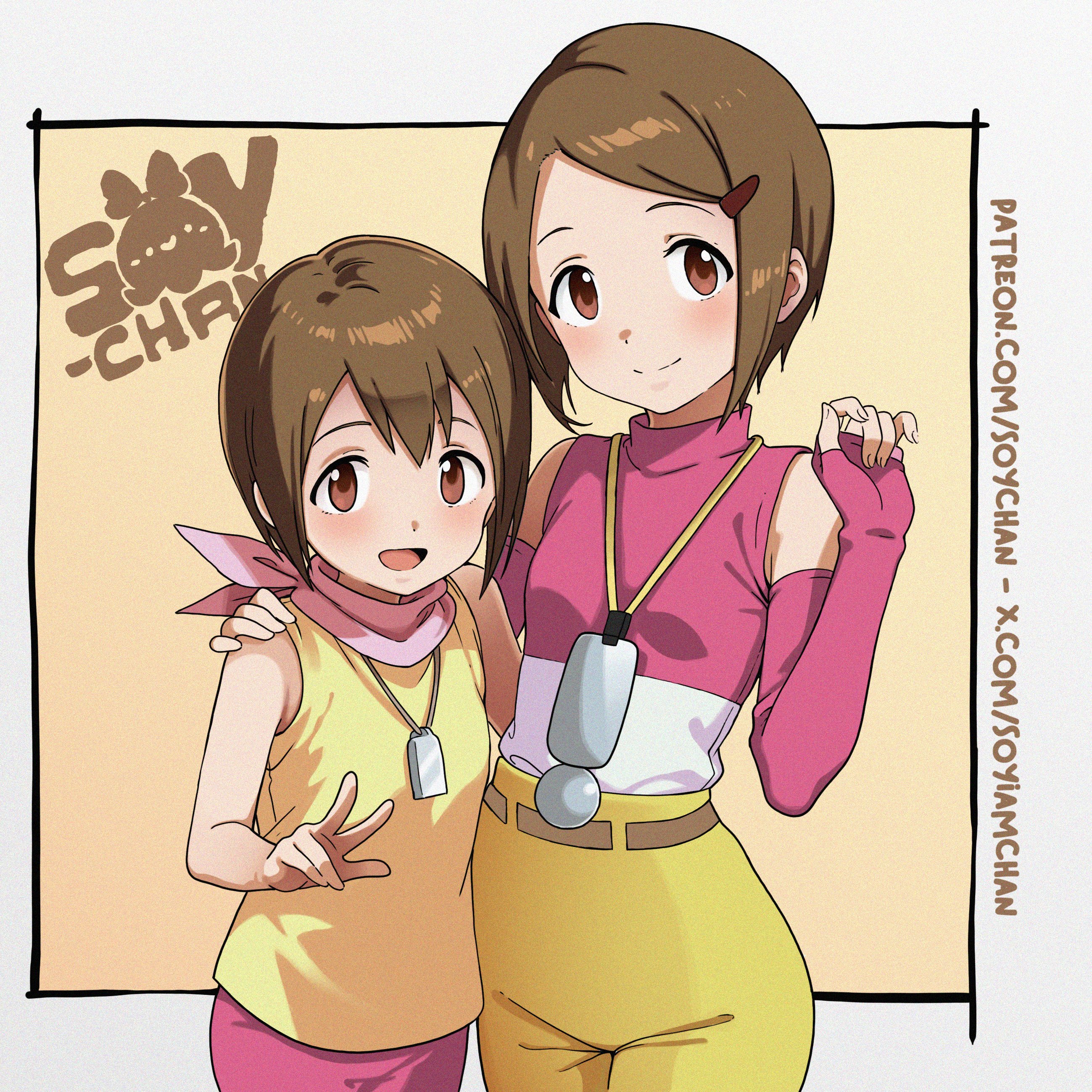 yagami hikari, digimon, digimon adventure 02, 2girls, arched back, bob cut, brown hair, camera, camera around neck, dual persona, elbow gloves, fingerless gloves, forehead, gloves, hair ornament, hairclip, hand on another's shoulder, hand on own shoulder, high-waist shorts, hip focus, long glove, looking at viewer, multiple girls, peace symbol, scarf, shirt, shorts, sleeveless, sleeveless shirt, smile, time paradox, v, whistle, whistle around neck