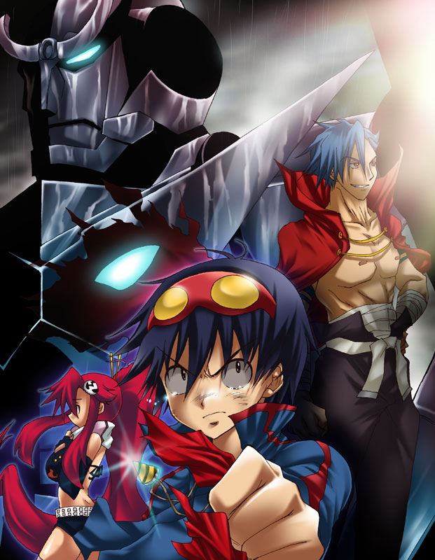 macha, yuasa makoto, gurren-lagann, kamina (ttgl), simon (ttgl), yoko littner, tengen toppa gurren lagann, 00s, 1girl, 2boys, ass, belt, bikini, bikini top only, black hair, blue hair, breasts, core drill, crazy eyes, glint, goggles, hair ornament, large breasts, long hair, looking at viewer, machinery, mecha, multiple boys, muscular, outstretched arm, ponytail, profile, red hair, robot, shaded face, short shorts, shorts, skull hair ornament, spiked hair, standing, swimsuit, tattoo, tears, very long hair
