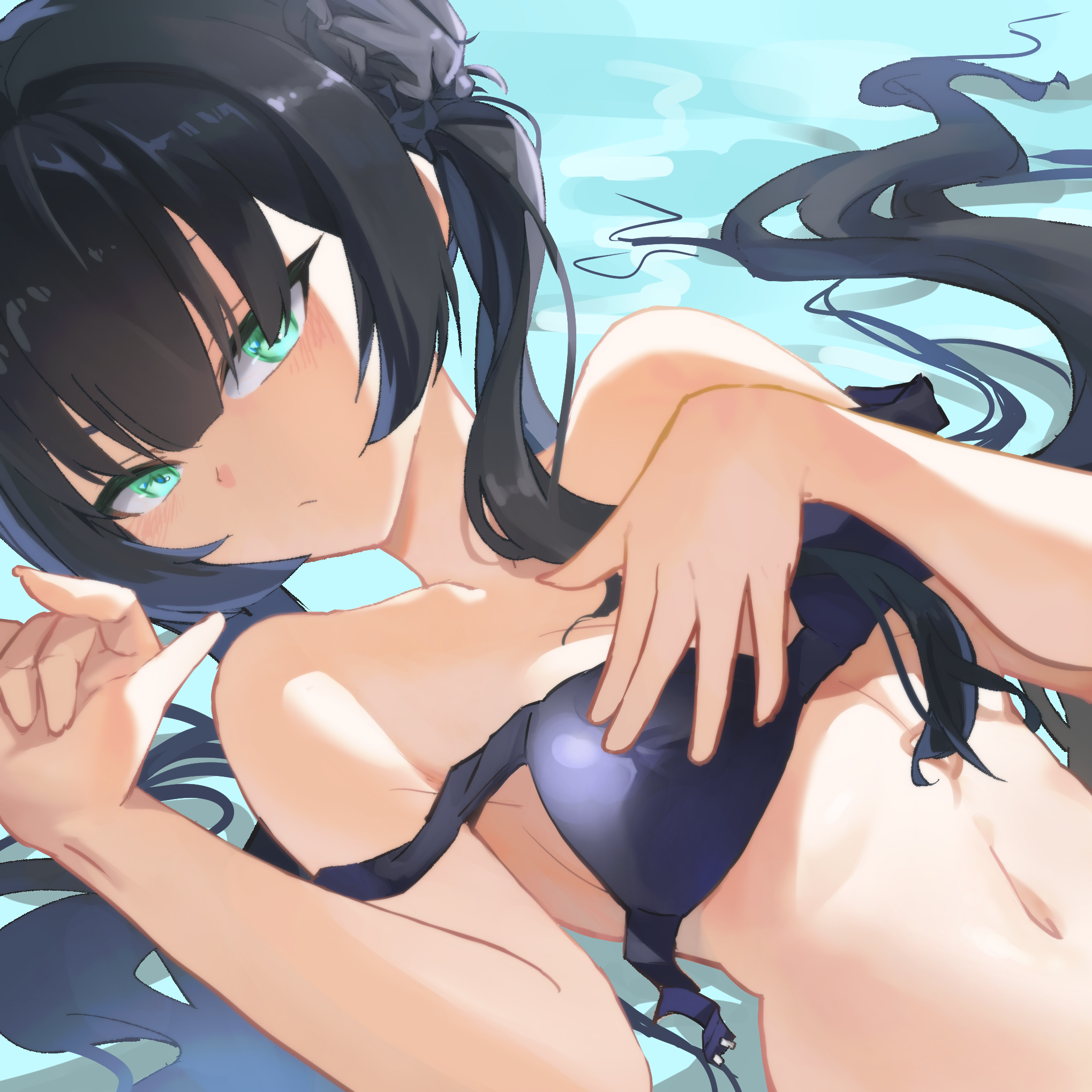 kisaki (blue archive), blue archive, commentary request, highres, 1girl, bikini, black bikini, black hair, blush, breasts, closed mouth, green eyes, hair spread out, hand on own chest, kure (kuremnn), long hair, medium breasts, navel, solo, stomach, swimsuit, twintails, undone bikini