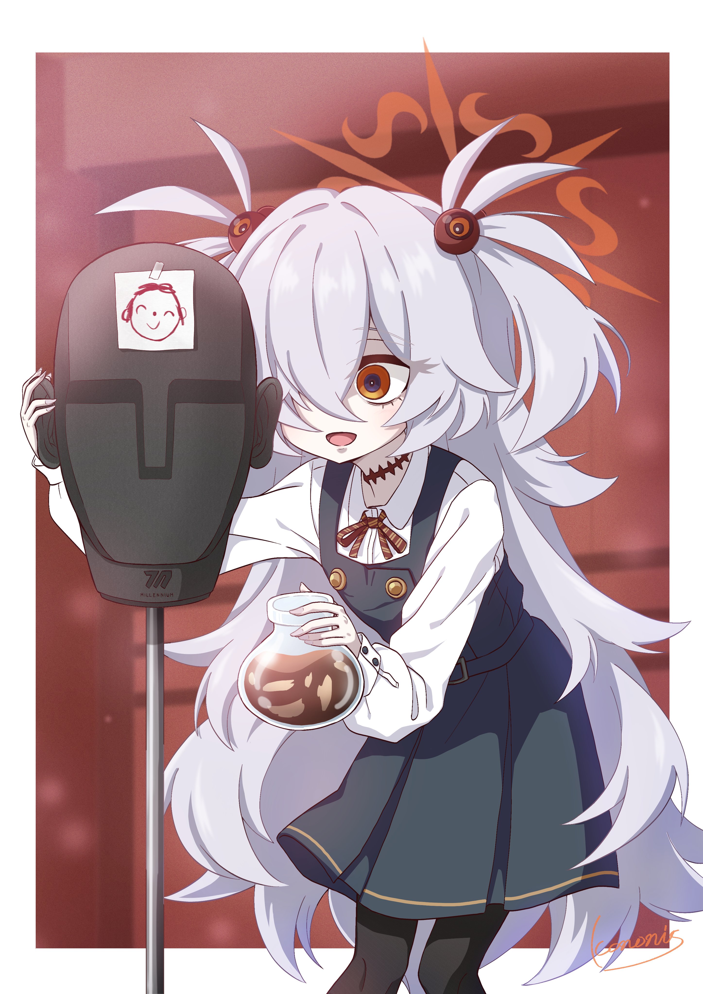 kononis, kanoe (blue archive), sensei (blue archive), blue archive, absurdres, highres, 1girl, artist name, asmr, black thighhighs, bottle, breasts, dress, grey hair, hair between eyes, hair ornament, hair over one eye, halo, holding, holding bottle, long hair, long sleeves, necktie, open mouth, orange eyes, scar, scar on neck, signature, simple background, skirt, small breasts, smile, solo, standing, thighhighs, twintails, very long hair, whispering in ear, white background