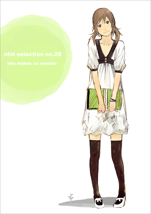 yoshito, original, 1girl, black thighhighs, brown eyes, brown hair, english text, female focus, full body, head tilt, holding, looking at viewer, skirt, smile, solo, standing, thighhighs, v arms, white background, white skirt, zettai ryouiki