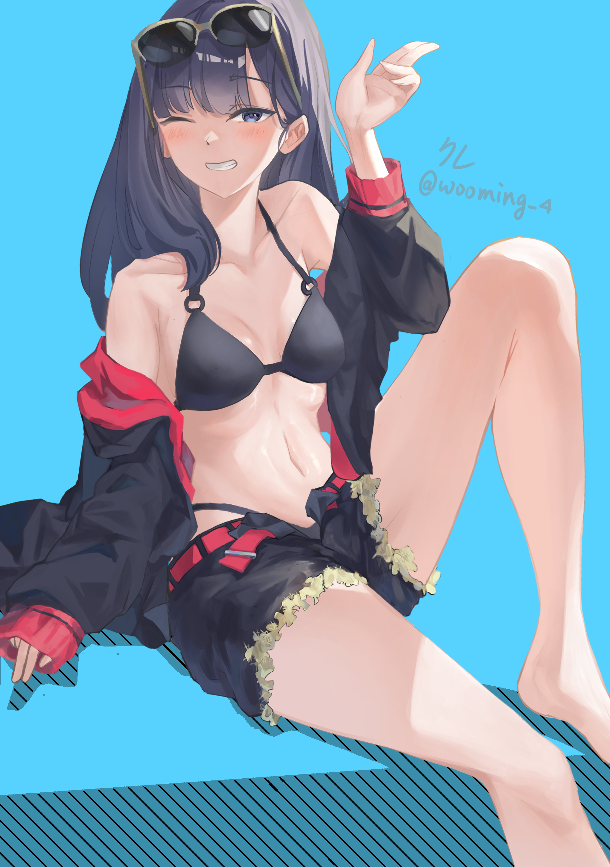 ichika (blue archive), ichika (swimsuit) (blue archive), blue archive, absurdres, commentary request, highres, 1girl, bikini, bikini under shorts, black bikini, black eyes, black jacket, black shorts, blue background, blush, breasts, clenched teeth, eyewear on head, jacket, kure (kuremnn), long sleeves, medium breasts, off shoulder, one eye closed, open mouth, shorts, simple background, sitting, sleeves past wrists, solo, sunglasses, swimsuit, teeth, twitter username