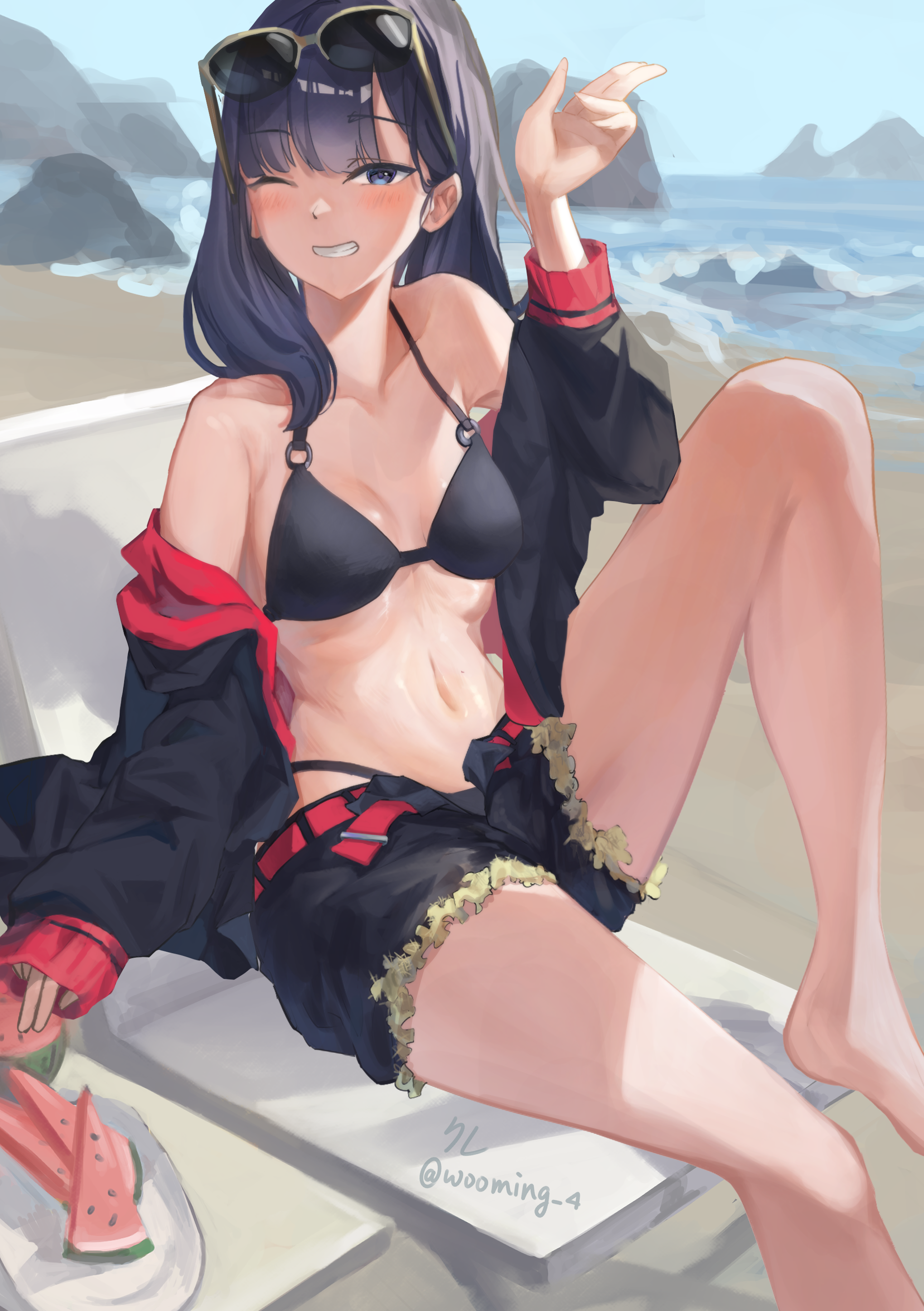 ichika (blue archive), ichika (swimsuit) (blue archive), blue archive, absurdres, commentary request, highres, revision, 1girl, bikini, bikini under shorts, black bikini, black eyes, black jacket, black shorts, blush, breasts, clenched teeth, eyewear on head, food, jacket, kure (kuremnn), long sleeves, medium breasts, off shoulder, one eye closed, open mouth, outdoors, popsicle, shorts, sitting, sleeves past wrists, solo, sunglasses, swimsuit, teeth, watermelon bar