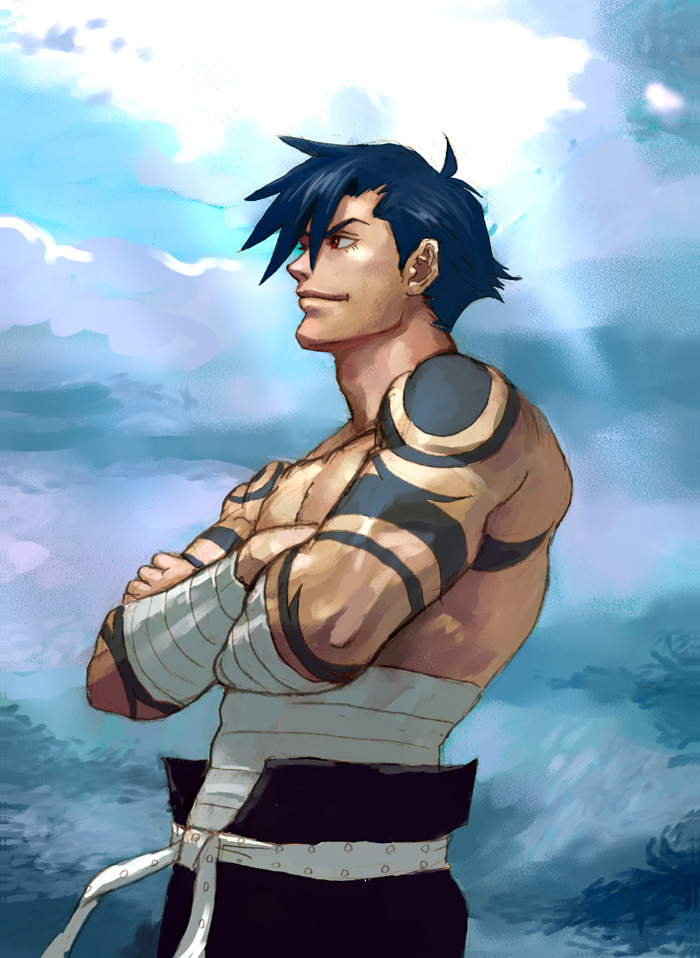 itou satoshi, kamina (ttgl), tengen toppa gurren lagann, 00s, 1boy, bandages, blue hair, bodypaint, crossed arms, day, from side, male focus, manly, muscular, outdoors, profile, realistic, sarashi, solo, tattoo, topless male