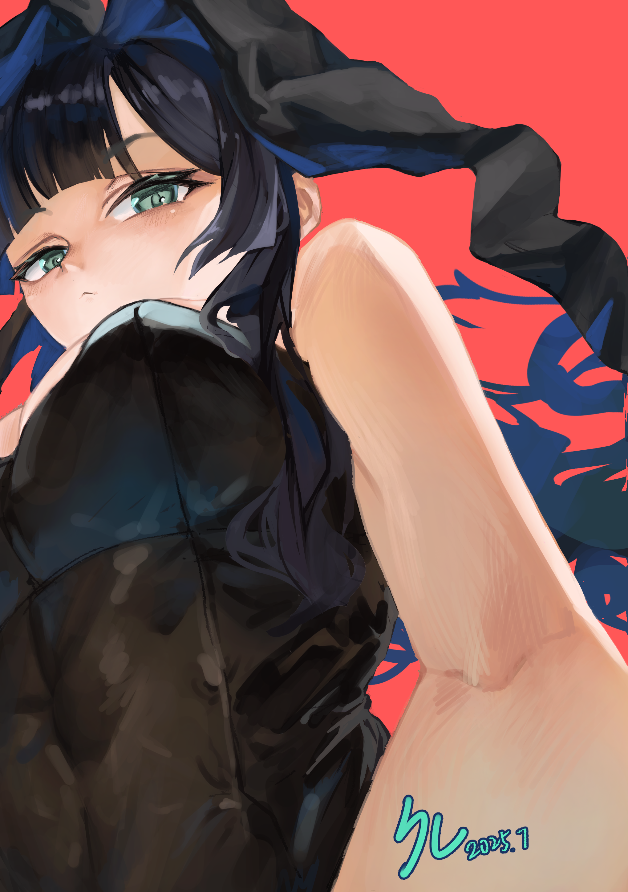 kisaki (blue archive), blue archive, absurdres, commentary, highres, 1girl, animal ears, black leotard, blush, breasts, closed mouth, fake animal ears, from below, green eyes, kure (kuremnn), leotard, looking at viewer, medium breasts, red background, simple background, solo