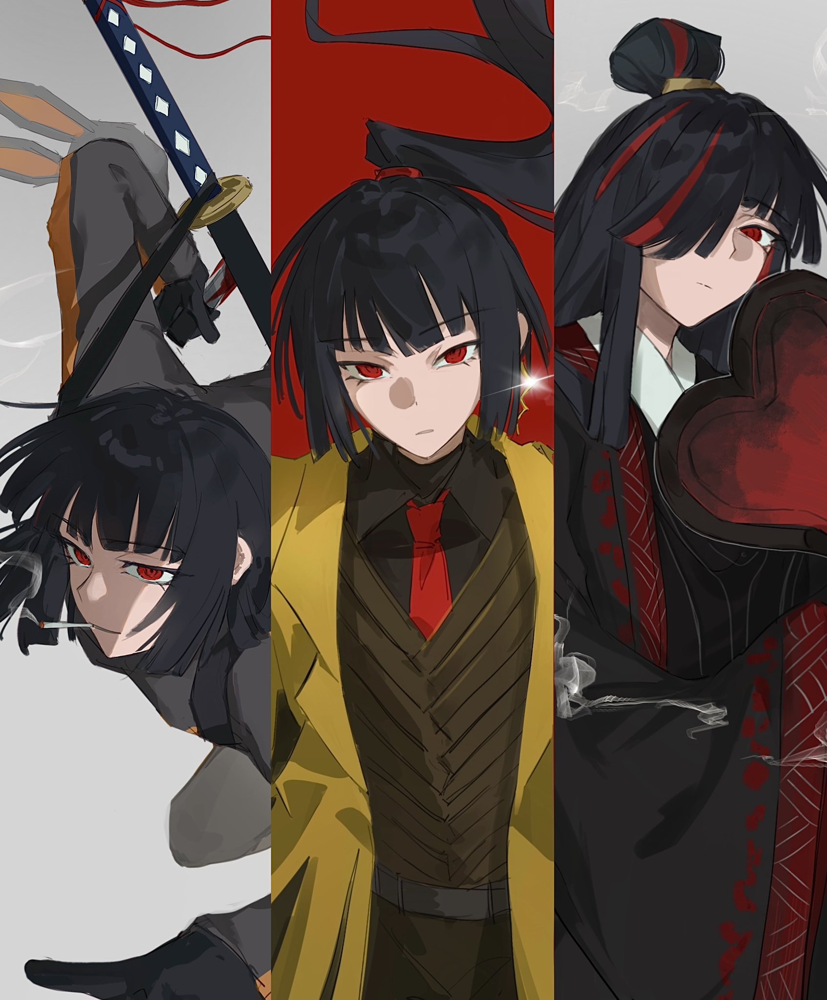 ryoshu (project moon), zigong (project moon), limbus company, project moon, highres, 1girl, black bodysuit, black hair, black hanfu, black shirt, bodysuit, brown vest, chinese clothes, cigarette, coat, collared shirt, contempt awe (e.g.o), cosplay, e.g.o (project moon), grey background, hair bun, hand fan, hanfu, high ponytail, holding, holding fan, llllao216913, long hair, long sleeves, looking at viewer, multiple views, n corp. e.g.o (identity) (project moon), necktie, ponytail, r corp. (identity) (project moon), rabbit team, red eyes, red necktie, red streaks, red trim, shirt, simple background, smoke, smoking, solo, standing, sword, upper body, vest, weapon, yellow coat, zigong (project moon) (cosplay)