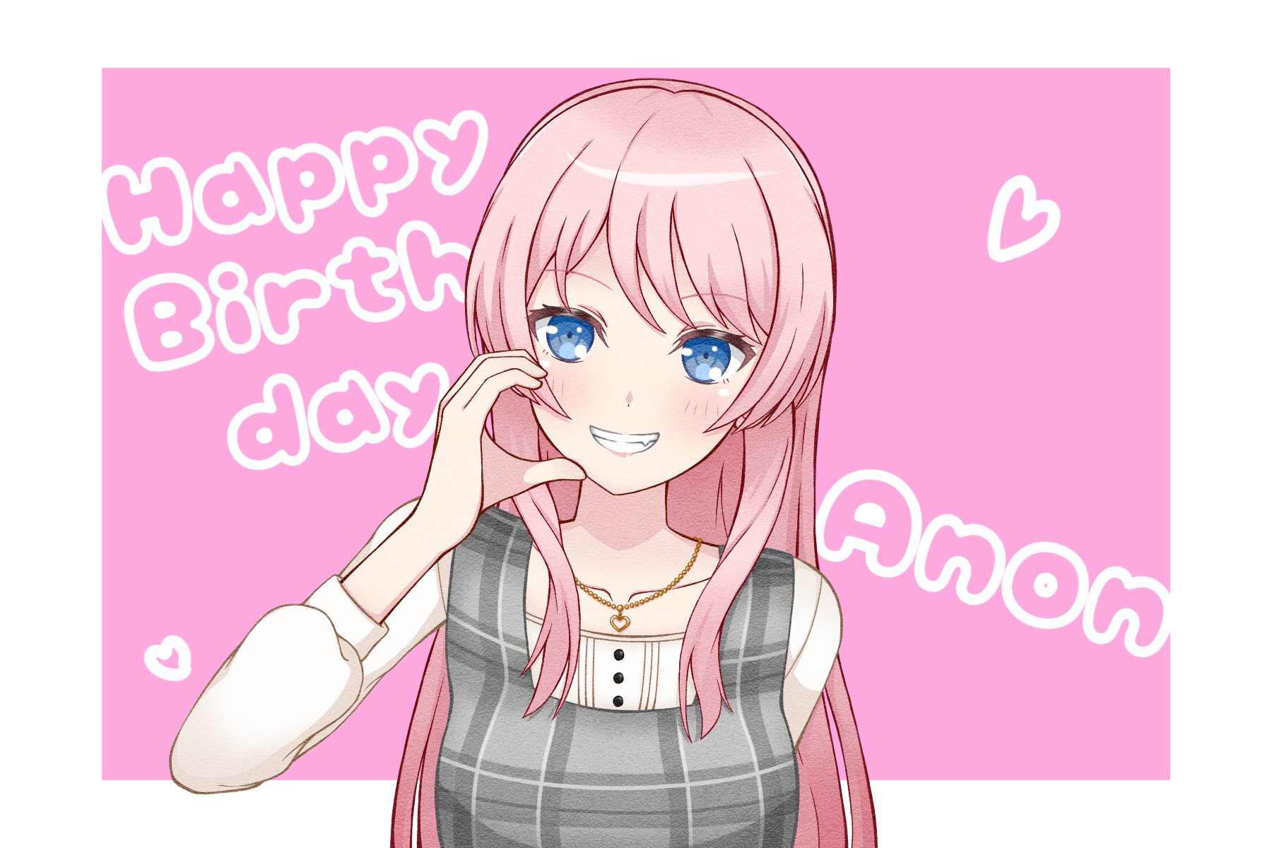 atama (abmbbmsbcg), chihaya anon, bang dream!, bang dream! it's mygo!!!!!, commentary, highres, 1girl, blue eyes, border, clenched teeth, fang, grey skirt, half-heart hands, happy birthday, jewelry, long sleeves, necklace, outside border, pink background, skirt, solo, teeth, upper body, white border