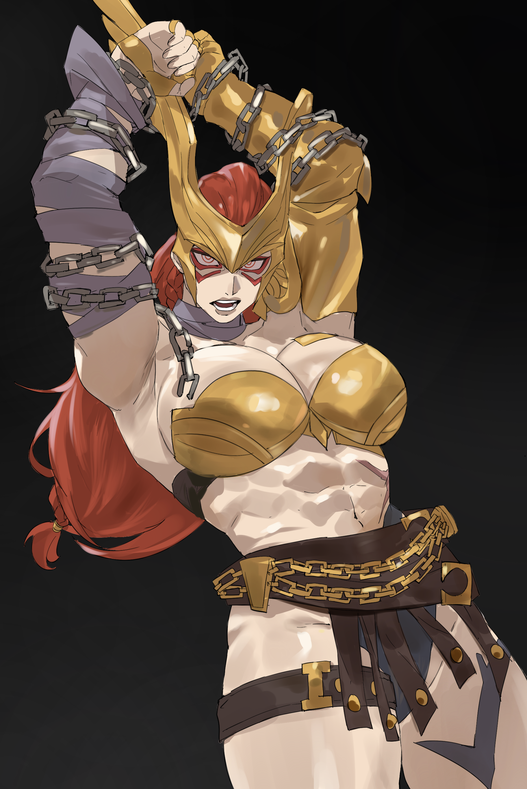 taiyang yu, marvel, marvel rivals, absurdres, highres, 1girl, abs, angela (marvel), armor, armpits, bandaged arm, bandages, bikini armor, bound, bound arms, breasts, chain, chained, large breasts, leg tattoo, long hair, low-tied long hair, muscular, muscular female, navel, red hair, solo, stomach, tattoo, thigh strap