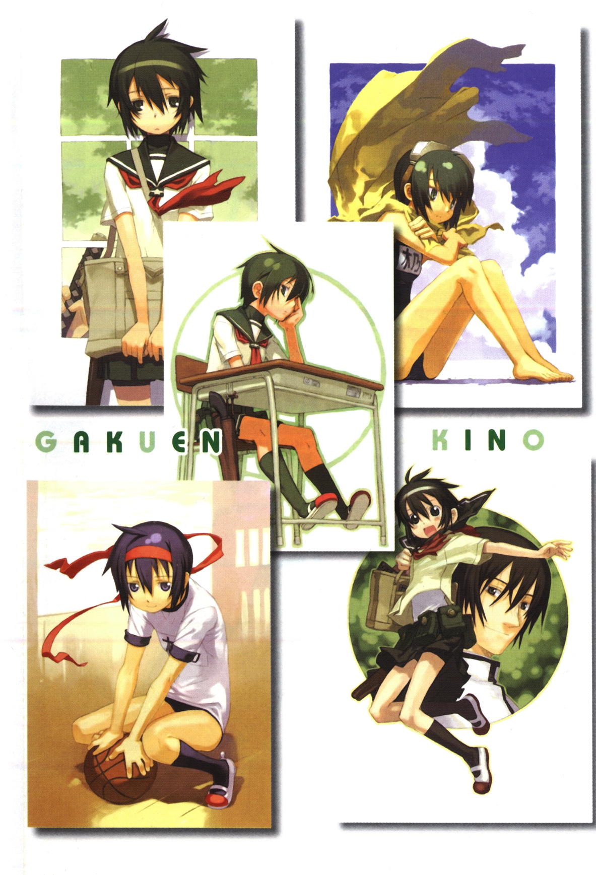kuroboshi kouhaku, kino (kino no tabi), shizu (kino no tabi), gakuen kino, kino no tabi, highres, official art, 00s, 1boy, 1girl, buruma, cloud, collage, desk, gym uniform, looking at viewer, one-piece swimsuit, school desk, school swimsuit, school uniform, serafuku, shoes, sitting, sky, smile, swimsuit, uwabaki