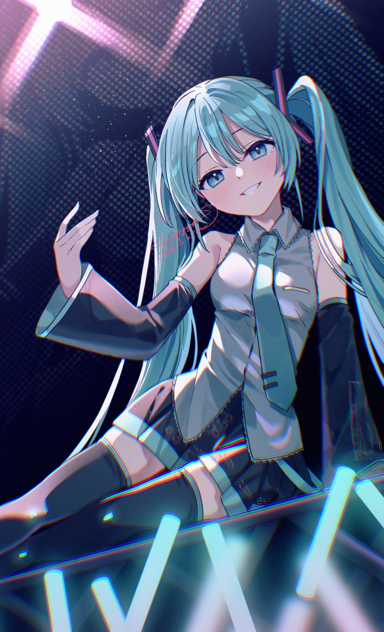 kitton (hekiku13), hatsune miku, magical mirai (vocaloid), vocaloid, commentary, highres, 1girl, aqua eyes, aqua hair, aqua necktie, arm support, bare shoulders, black skirt, black sleeves, black thighhighs, blue necktie, blush, collared shirt, concert, detached sleeves, dutch angle, glowstick, grey shirt, grin, hair between eyes, hiasobi (vocaloid), long hair, looking at viewer, lying, necktie, on side, penlight (glowstick), pleated skirt, scene reference, screen zoom, shirt, signature, sitting, skirt, sleeveless, sleeveless shirt, smile, solo, thighhighs, tie clip, twintails, very long hair, zettai ryouiki