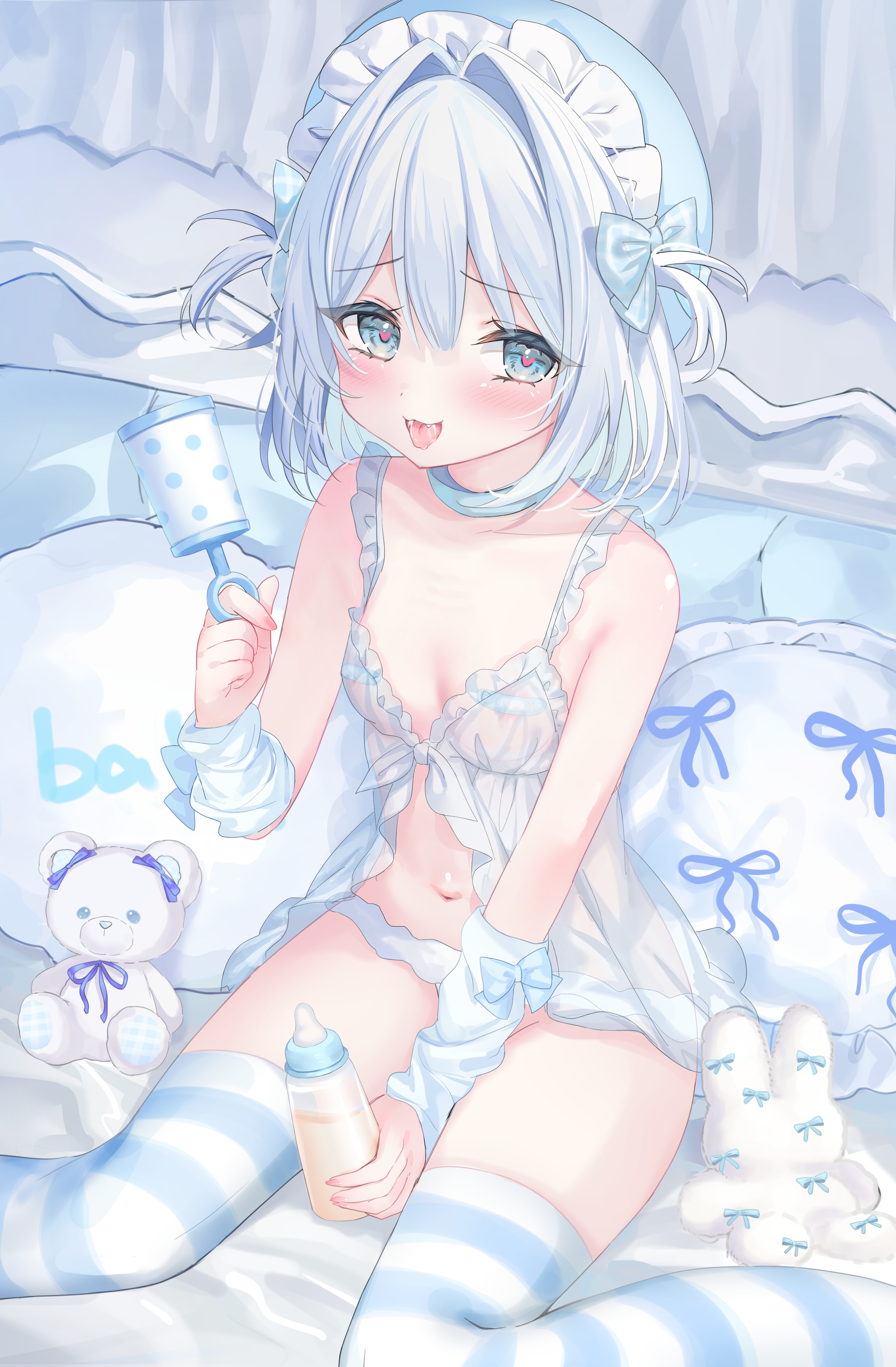 kabashima hana, original, absurdres, highres, 1girl, arm warmers, baby bottle, babydoll, blue eyes, blush, bottle, bow, breasts, hair bow, heart, heart-shaped pupils, holding, looking at viewer, navel, open mouth, pacifier, panties, see-through clothes, sitting, small breasts, solo, striped clothes, striped thighhighs, stuffed animal, stuffed toy, symbol-shaped pupils, teddy bear, thighhighs, tongue, tongue out, two side up, underwear, virtual youtuber, white hair
