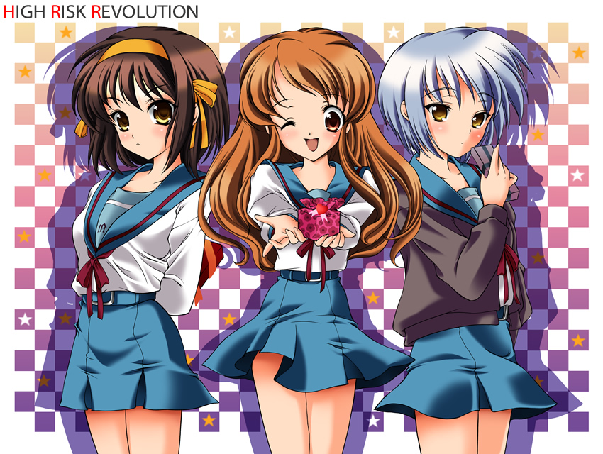 aizawa hiroshi, asahina mikuru, nagato yuki, suzumiya haruhi, suzumiya haruhi no yuuutsu, 00s, brown hair, school uniform, serafuku, short hair