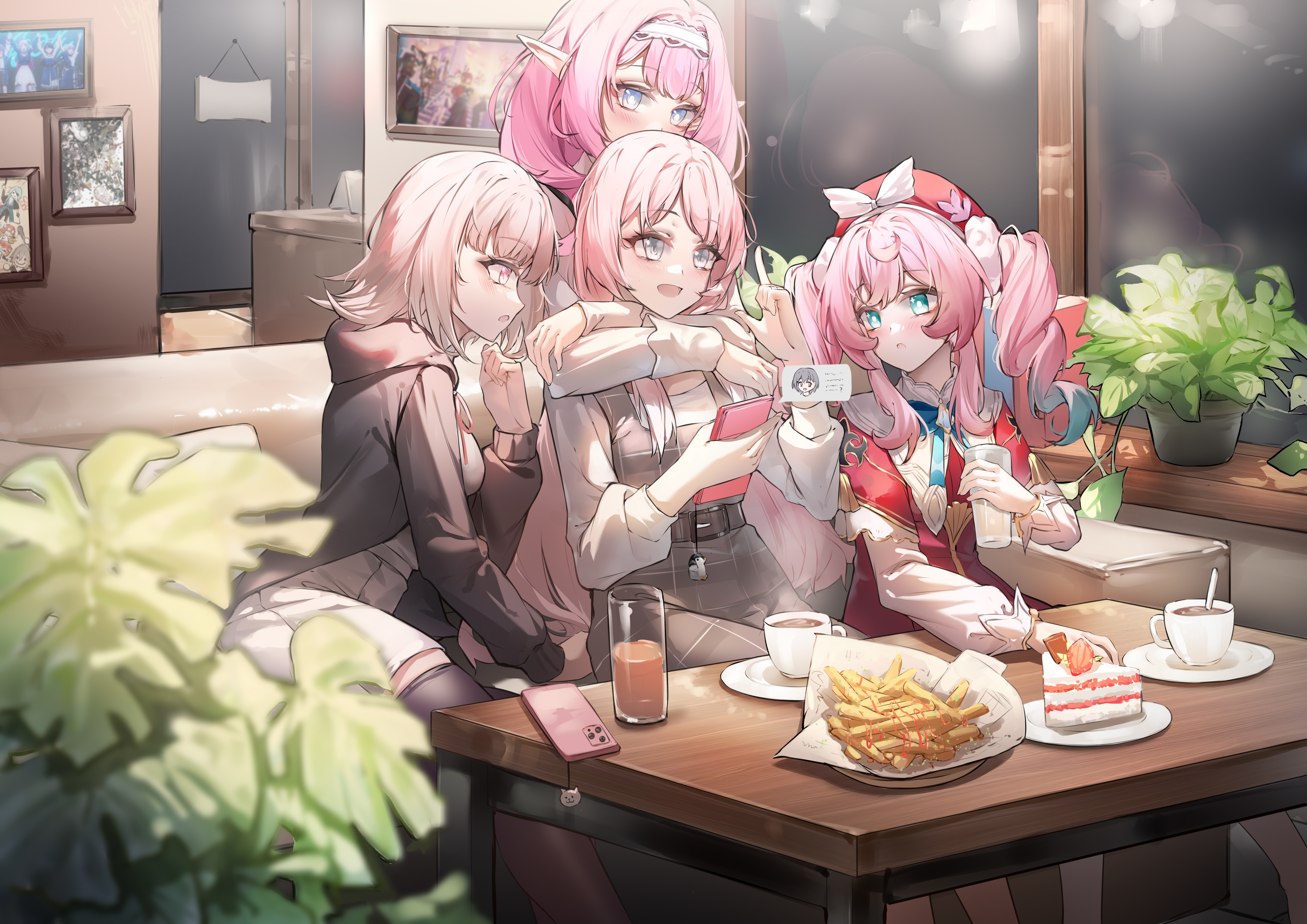chihaya anon, elysia (honkai impact), hyacine (honkai: star rail), nanami chiaki, takamatsu tomori, bang dream!, bang dream! it's mygo!!!!!, danganronpa (series), danganronpa 2: goodbye despair, honkai: star rail, honkai (series), honkai impact 3rd, absurdres, chinese commentary, commentary request, highres, 4girls, aqua eyes, aqua hair, black hood, blue eyes, breasts, cake, cellphone, coffee, coffee mug, color connection, couch, cup, dress, elf, food, french fries, grey skirt, hair color connection, hairband, hat, holding, holding cup, holding phone, hug, hug from behind, indoors, long hair, medium breasts, medium hair, mug, multicolored hair, multiple girls, on couch, open mouth, phone, pink hair, plant, pointy ears, portrait (object), potted plant, red dress, red hat, shiguanglishihuang, shirt, short hair, sitting, skirt, smartphone, standing, strawberry shortcake, table, twintails, two-tone hair, very long hair, white hairband, white shirt