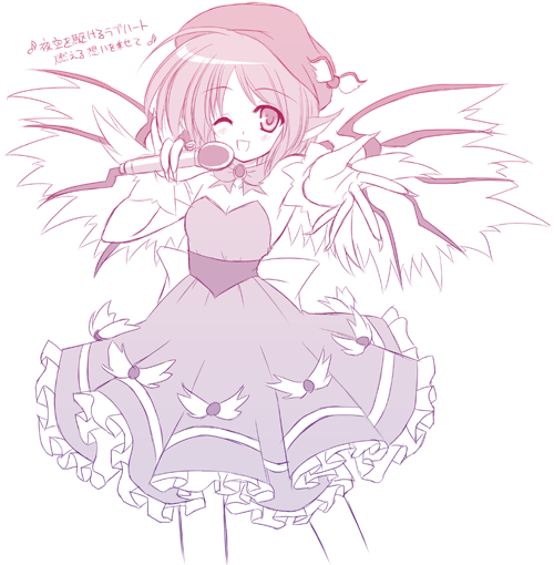 yamu (reverse noise), mystia lorelei, touhou, 1girl, adapted costume, animal ears, dress, female focus, fingernails, hat, microphone, monochrome, one eye closed, short hair, solo, wings