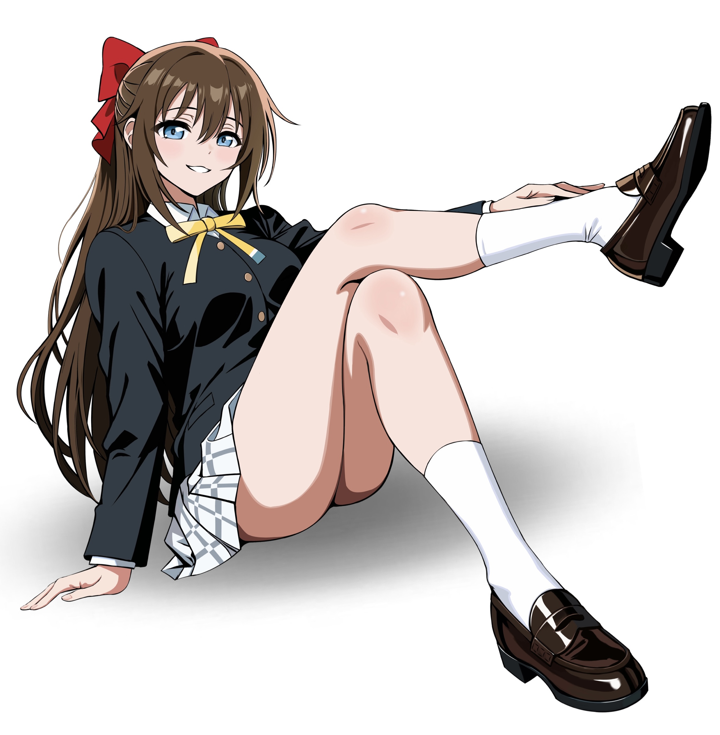 zaofeng, osaka shizuku, love live!, love live! nijigasaki high school idol club, absurdres, highres, 1girl, arm support, black jacket, blazer, blue eyes, bow, brown hair, collared shirt, grin, hair between eyes, hair bow, jacket, loafers, long hair, long sleeves, looking at viewer, nijigasaki school uniform, pleated skirt, red bow, school uniform, shadow, shirt, shoes, sidelocks, simple background, sitting, skirt, smile, socks, solo, thighs, white background, white shirt, white skirt, white socks