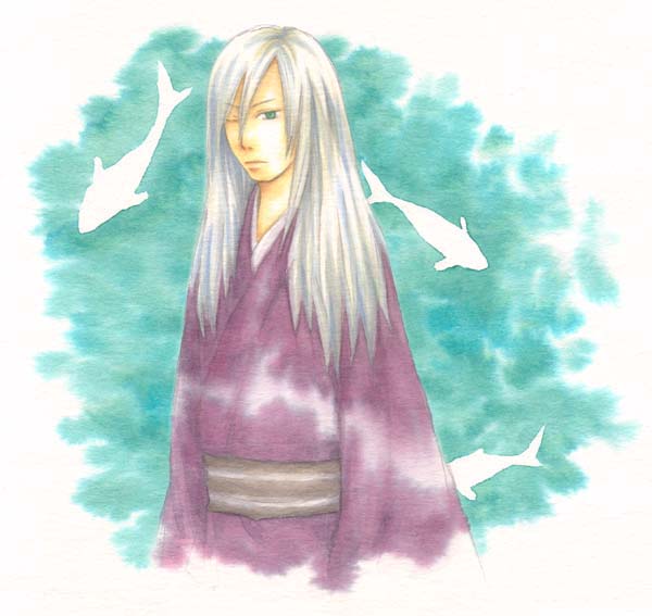 nui, nui (mushishi), mushishi, silver hair, 1girl, blue eyes, female focus, fish, japanese clothes, long hair, one eye closed, solo