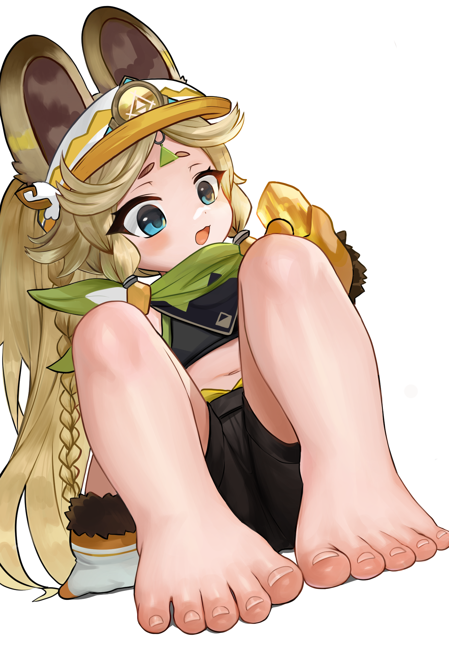 dokomon, kachina (genshin impact), genshin impact, commentary, highres, 1girl, :d, animal ears, bandana, bandana around neck, bare legs, barefoot, black shirt, black shorts, blue eyes, braid, brown hair, brown mittens, crop top, feet, gem, hat, knees up, long hair, looking to the side, mittens, navel, open mouth, parted bangs, shirt, short eyebrows, shorts, side ponytail, simple background, sitting, smile, solo, thick eyebrows, toenails, very long hair, white background, white hat, white mittens, yellow gemstone