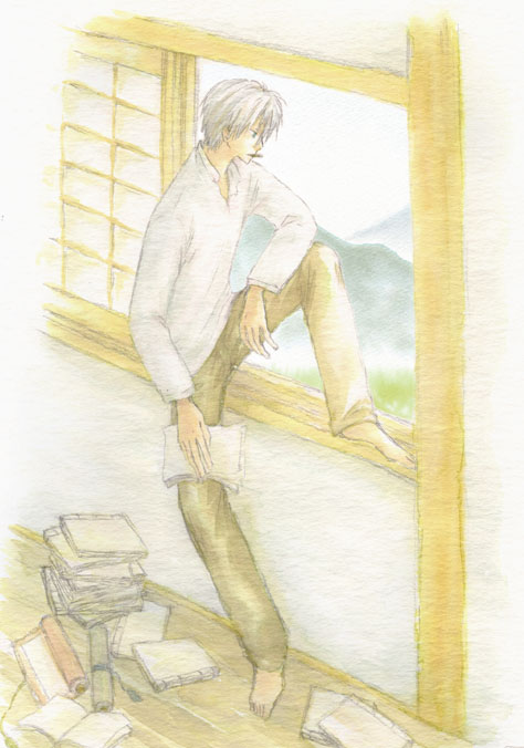 ginko (mushishi), mushishi, 1boy, cigarette, hair over one eye, male focus, smoking, solo