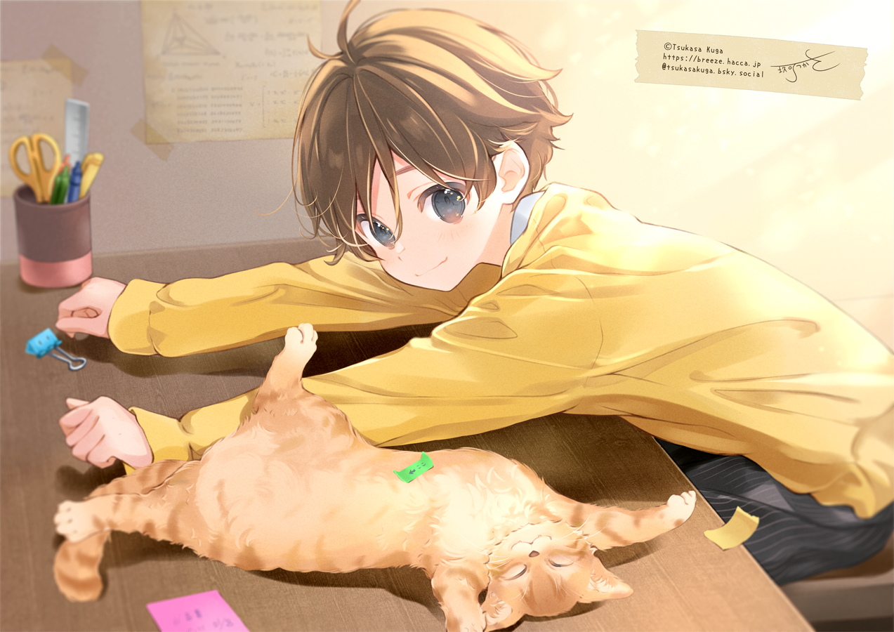 kuga tsukasa, original, commentary request, 1boy, animal, binder clip, brown hair, cat, closed mouth, cup, desk, from side, grey eyes, grey pants, hair between eyes, leaning forward, long sleeves, looking at viewer, looking to the side, male focus, mug, pants, pinstripe pants, pinstripe pattern, scissors, shirt, signature, sitting, sleeves past wrists, smile, solo, watermark, web address, yellow shirt