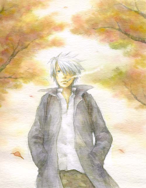 ginko (mushishi), mushishi, 1boy, cigarette, hair over one eye, male focus, smoking, solo