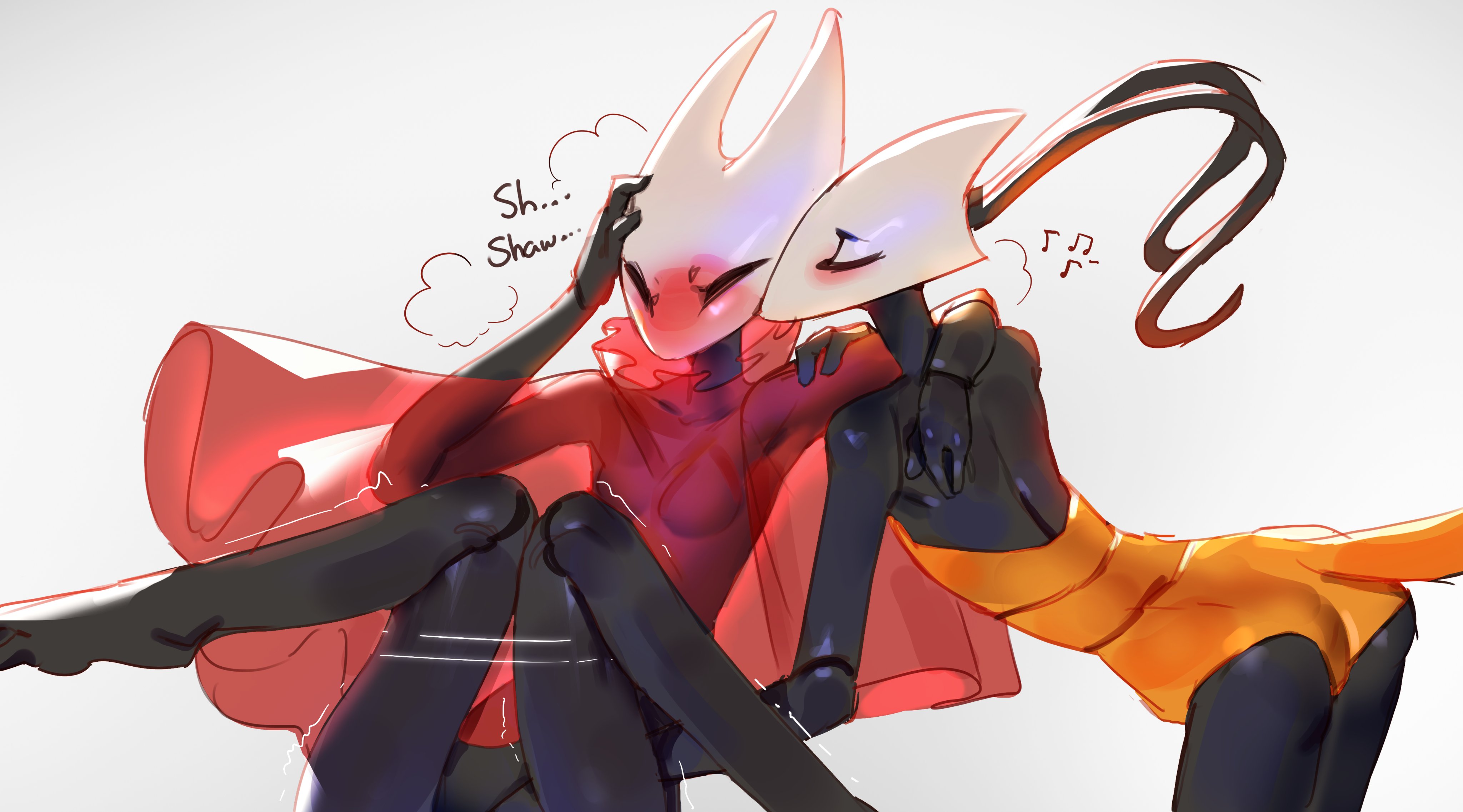 austinarts, hornet (hollow knight), hollow knight, hollow knight: silksong, absurdres, highres, 2girls, arm around shoulder, arthropod girl, ass, bent over, black skin, blush, breasts, cloak, colored skin, knees together feet apart, multiple girls, musical note, red cloak, shakra (hollow knight), thighs, yuri