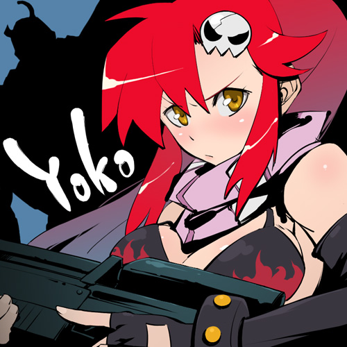 gun zi (i&eyes), gurren-lagann, yoko littner, tengen toppa gurren lagann, lowres, 00s, 1girl, bare shoulders, bikini, bikini top only, black bikini, black gloves, breasts, brown eyes, character name, cleavage, elbow gloves, female focus, fingerless gloves, gloves, gun, hair ornament, holding, holding weapon, ponytail, red hair, rifle, sidelocks, skull hair ornament, sniper rifle, solo, swimsuit, upper body, weapon