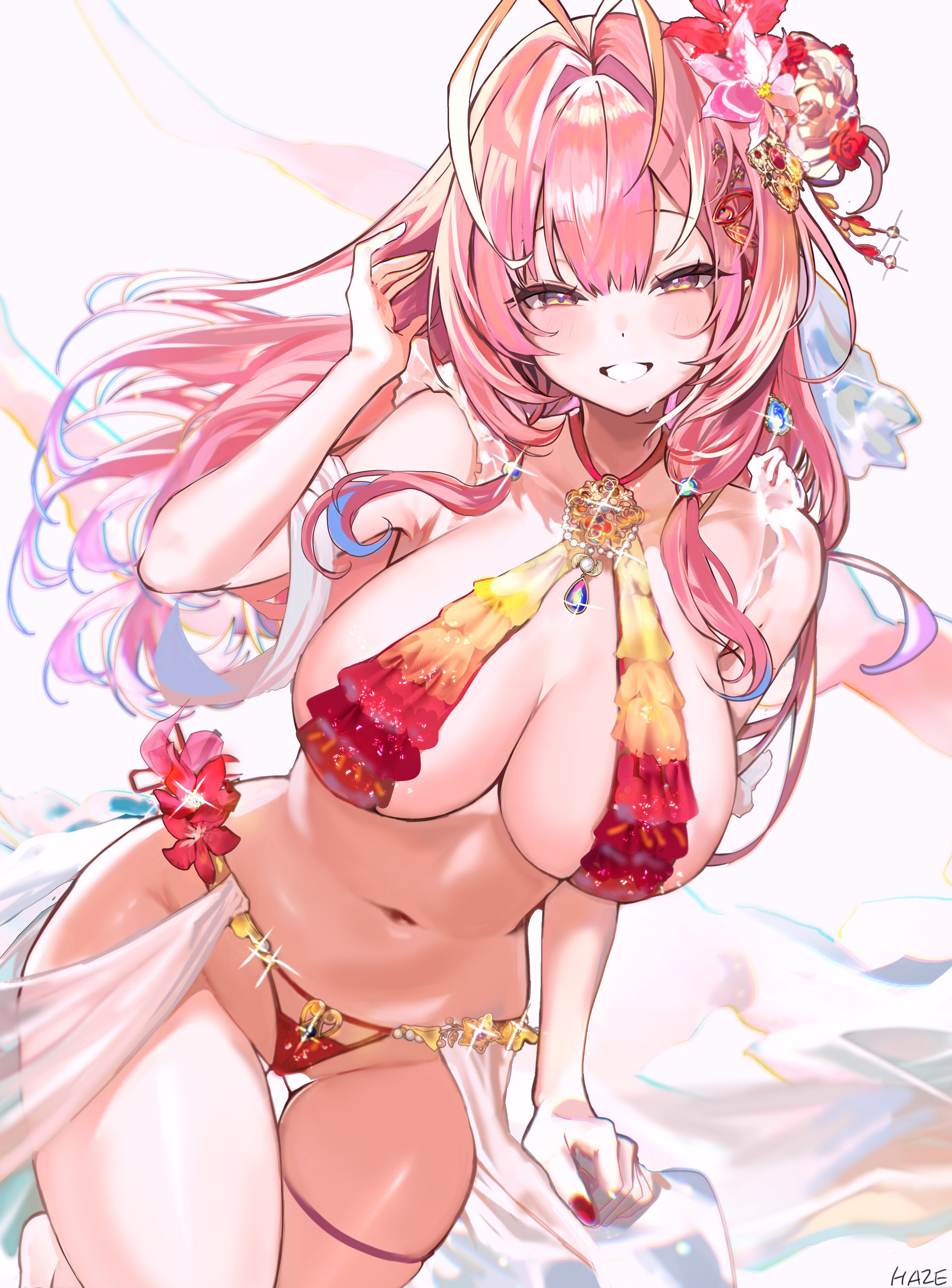haze (ohw8g), absurdres, highres, 1girl, antenna hair, artist name, bikini, blue hair, breasts, cleavage, flower, gradient hair, hair flower, hair ornament, kureha madai, large breasts, long hair, multicolored hair, nail polish, navel, red bikini, red eyes, red hair, red nails, smile, solo, swimsuit, uo musume, virtual youtuber