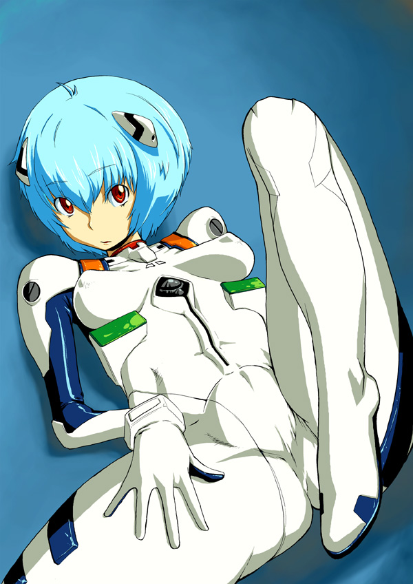 sfix, suka kusujirou, ayanami rei, neon genesis evangelion, 1girl, antenna hair, aqua hair, blue background, blue hair, bodysuit, bracer, breasts, cameltoe, covered erect nipples, crotch, dutch angle, expressionless, fat mons, female focus, from above, gloves, hair between eyes, hair ornament, hand on own thigh, impossible bodysuit, impossible clothes, interface headset (evangelion), knee up, looking at viewer, lying, mecha pilot suit, on back, parted lips, perky breasts, plugsuit (evangelion), red eyes, shadow, short hair, skin tight, small breasts, solo, spread legs, thighs, turtleneck