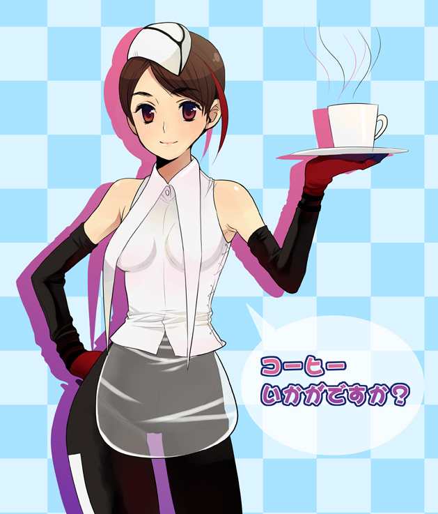 madara sai, translated, 1girl, brown eyes, brown hair, elbow gloves, female focus, gloves, hat, short hair, smile, solo, waitress