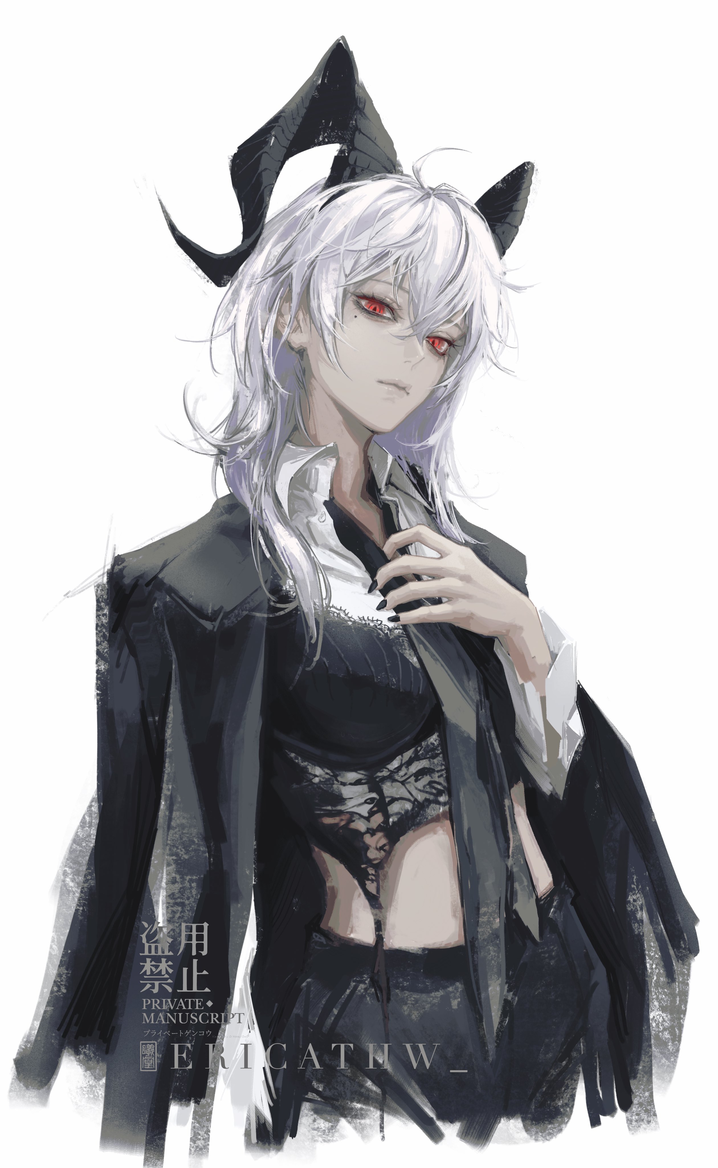 ericathw, zani (wuthering waves), wuthering waves, absurdres, commentary, highres, 1girl, adjusting clothes, adjusting necktie, ahoge, alternate costume, artist name, bags under eyes, black horns, black jacket, black nails, black necktie, collared shirt, curled horns, fingernails, hair between eyes, horns, jacket, long hair, looking at viewer, mole, mole under eye, nail polish, necktie, red eyes, shirt, simple background, solo, white background, white hair, white shirt