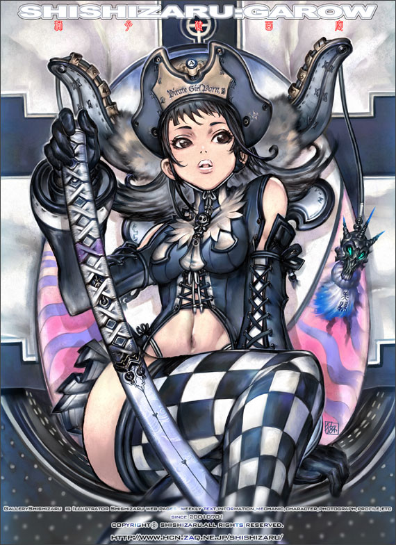 shishizaru, hong meiling, 1girl, argyle clothes, argyle thighhighs, bare shoulders, black gloves, black hair, brown eyes, crown, elbow gloves, fantasy, female focus, gloves, katana, long hair, looking at viewer, navel, sheath, sheathed, sitting, solo, stomach, sword, thighhighs, thighs, throne, weapon