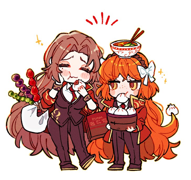 yono neie, ishmael (project moon), rodion (project moon), limbus company, project moon, 2girls, :3, bag, black pants, black shoes, black vest, bow, chibi, collared shirt, dango, eating, food, freckles, full body, gold trim, hair bow, hairband, holding, holding bag, jacket, liu association south uniform, long hair, long sleeves, looking at another, multiple girls, necktie, noodles, orange eyes, orange hair, pants, ramen, red jacket, red necktie, shirt, shoes, simple background, standing, steamed bun, tie clip, vest, wagashi, white background, white bow, white shirt
