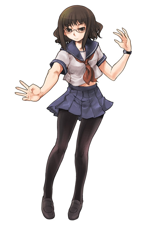 mk (mod0), kikuko (kazu), original, 1girl, brown eyes, brown hair, female focus, glasses, legs, pantyhose, school uniform, serafuku, simple background, skirt, solo, watch, wristwatch
