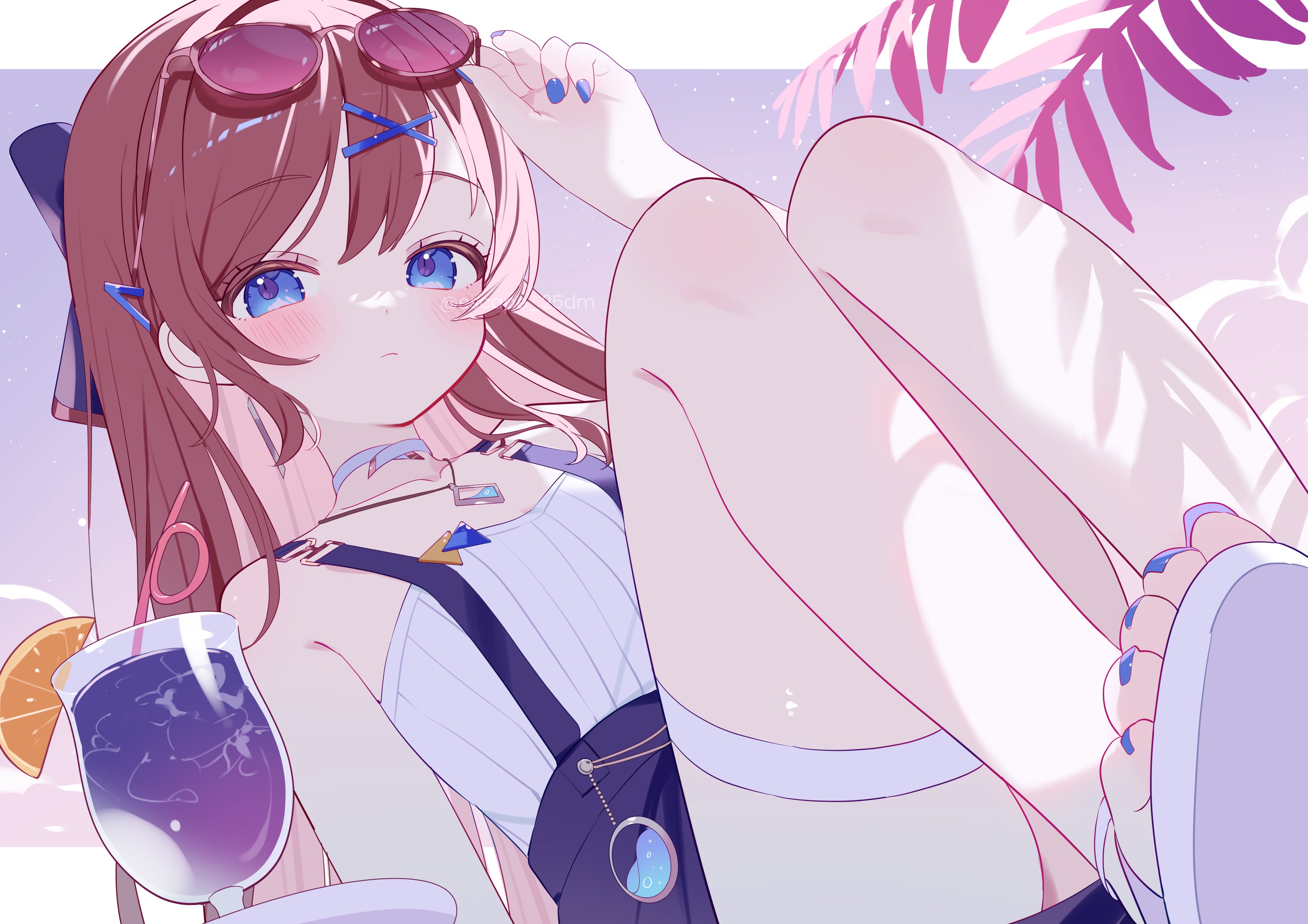 absurdres, character request, commission, copyright request, highres, skeb commission, 1girl, bendy straw, blue bow, blue eyes, blue nails, blush, bow, choker, closed mouth, colored eyelashes, colored inner hair, cup, drink, drinking glass, drinking straw, escape 25dm, eyewear on head, food, fruit, hair bow, hair ornament, jewelry, letterboxed, looking at viewer, multicolored hair, necklace, orange (fruit), orange slice, outside border, palm leaf, pink-framed eyewear, pink hair, purple-tinted eyewear, sandals, shirt, skirt, solo, strapless, strapless shirt, sunglasses, suspender skirt, suspenders, thigh strap, tinted eyewear, toes, twitter username, watermark, x hair ornament