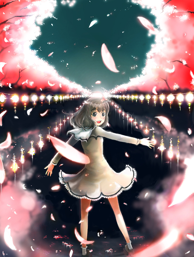 m-hit, original, 1girl, black hair, blue eyes, cherry blossoms, female focus, lantern, long hair, looking back, school uniform, serafuku, solo