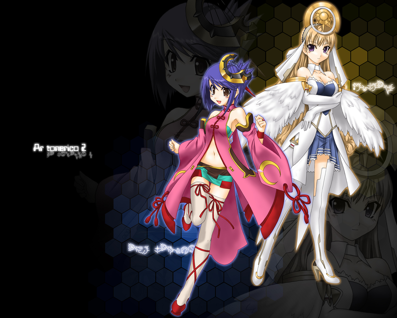 mizuna (water emp-tei), chroche latel pastalie, luca truelywaath, ar tonelico, ar tonelico ii, gust, 00s, 2girls, angel wings, bare shoulders, blonde hair, blue hair, blush, boots, breasts, brown eyes, choker, cleavage, elbow gloves, folded ponytail, footwear ribbon, gloves, high heels, hymmnos, midriff, miniskirt, multiple girls, purple eyes, ribbon, shoes, short hair, skirt, smile, thigh boots, thighhighs, wings, zettai ryouiki, zoom layer