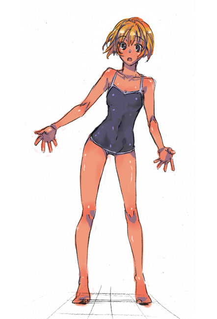 oira, oira (kagaribi), original, 1girl, barefoot, female focus, flat chest, one-piece swimsuit, sketch, solo, swimsuit, tan