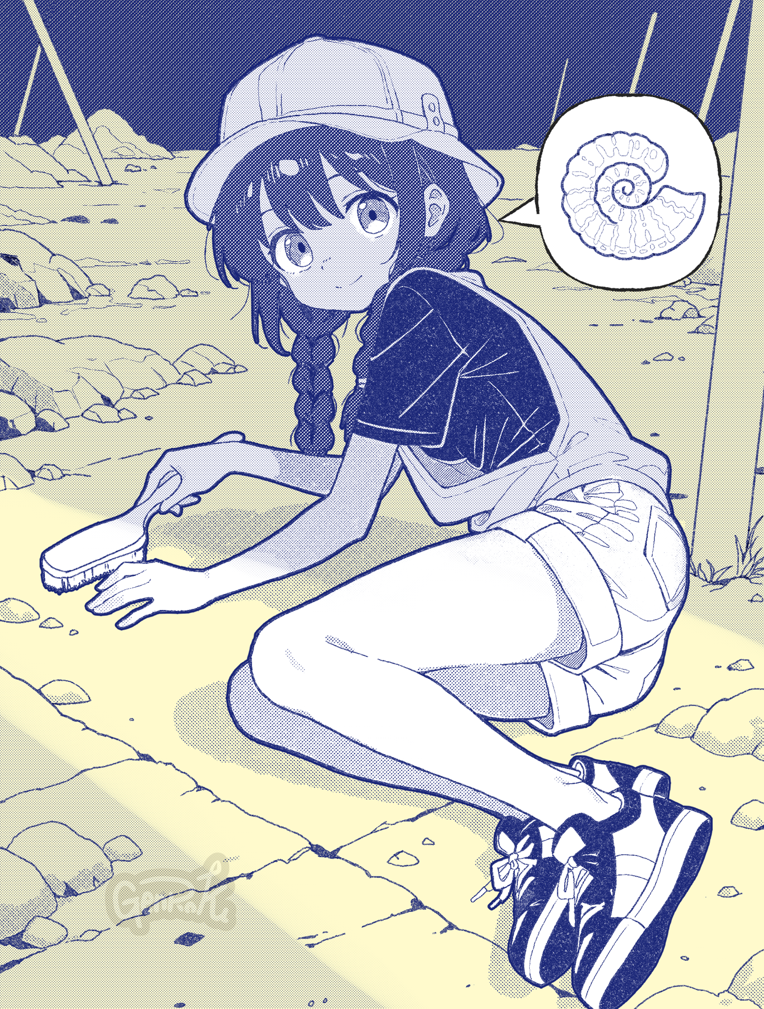 genroku, original, highres, 1girl, artist name, blue theme, braid, bucket hat, fossil, halftone, hat, legs together, limited palette, low twin braids, lying, on side, rock, shoes, short sleeves, shorts, smile, sneakers, solo, spoken object, twin braids, watermark, yellow theme