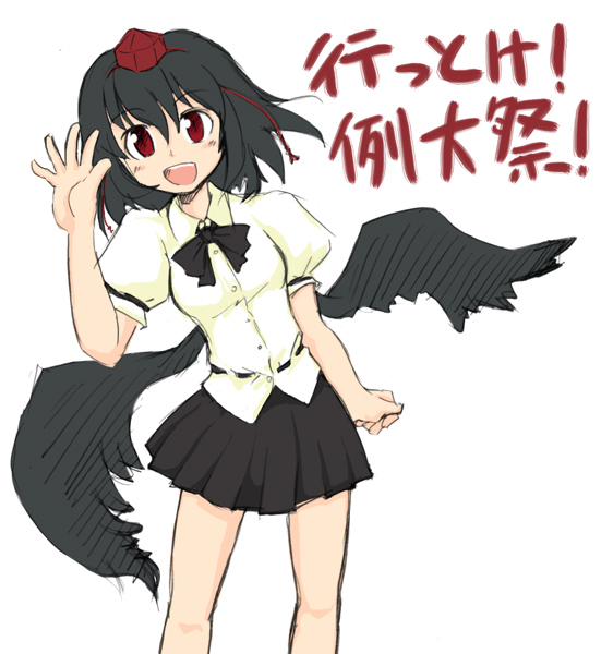 ayato, yazuma666, shameimaru aya, touhou, 1girl, black hair, black wings, female focus, hat, looking at viewer, open mouth, red eyes, sketch, smile, solo, wings