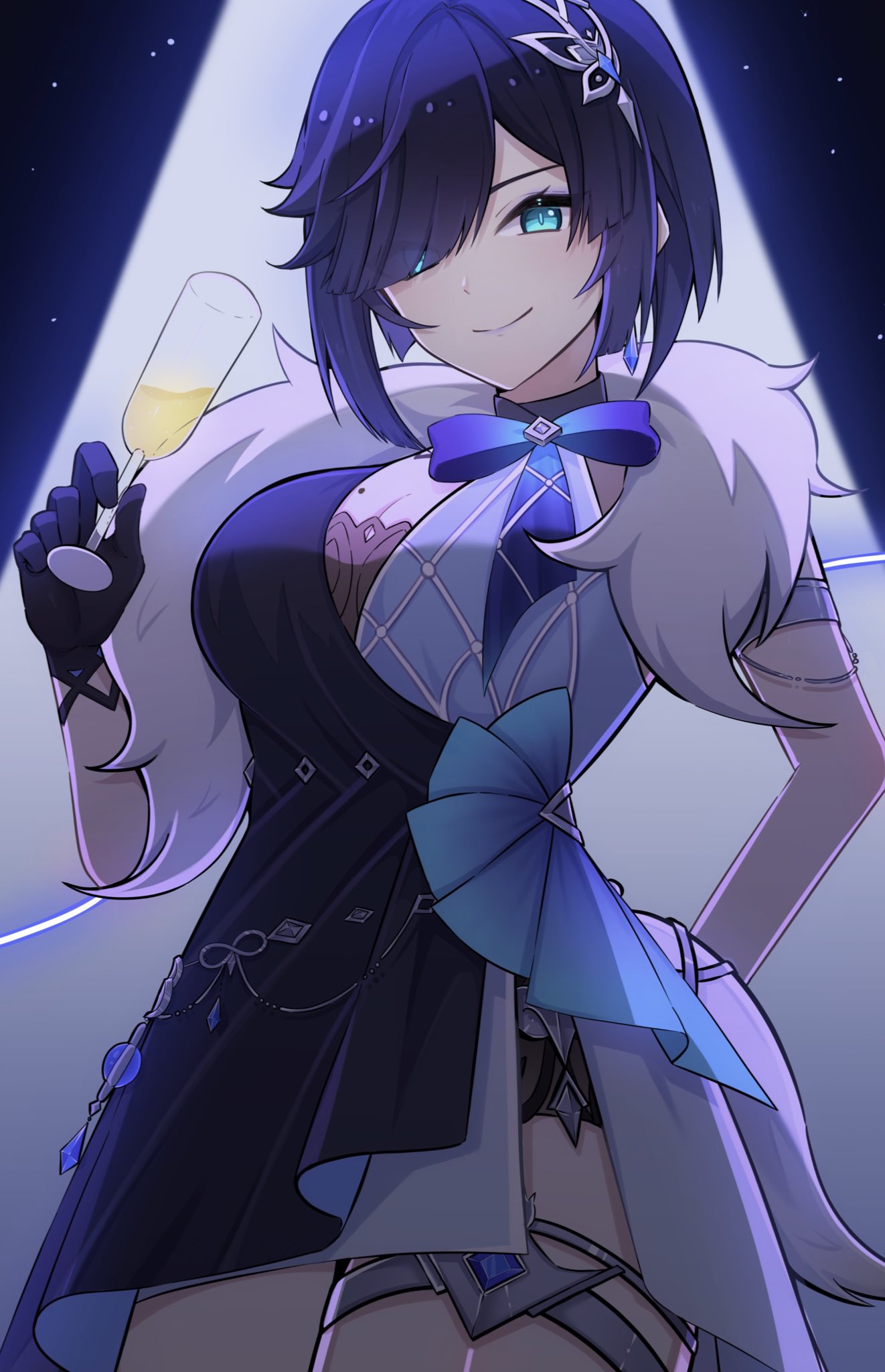 karaage (karaage x x), yelan (genshin impact), yelan (tranquil banquet) (genshin impact), genshin impact, highres, black gloves, blue bow, blue dress, blue eyes, blue hair, blue ribbon, blush, bow, breasts, castle, cleavage, cocktail, cocktail glass, cup, diagonal bangs, dress, drink, drinking glass, fur-trimmed jacket, fur trim, gem, gloves, hair ornament, hairpin, halter dress, halterneck, holding, holding cup, jacket, jacket on shoulders, jewelry, large breasts, legband, looking at viewer, mole, mole on breast, multicolored hair, purple hair, ribbon, smile, spotlight, white jacket