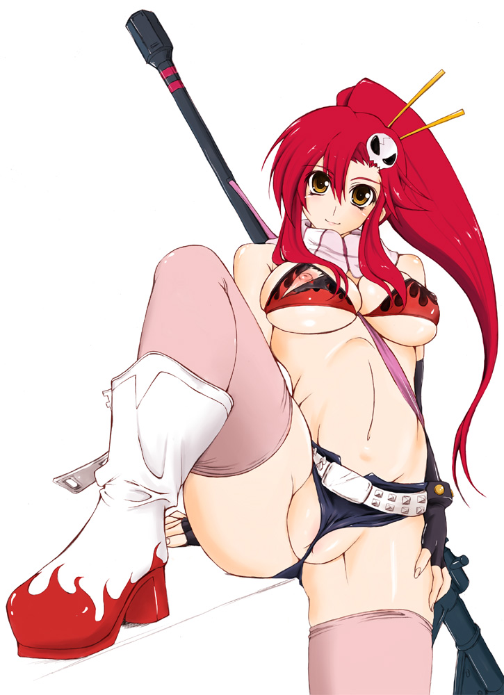 otone, yoko littner, tengen toppa gurren lagann, 00s, 1girl, anti-materiel rifle, bikini, bikini top only, boots, cameltoe, cleft of venus, fat mons, female focus, gun, nipples, pussy, rifle, short shorts, shorts, sniper rifle, solo, swimsuit, thighhighs, torn clothes, uncensored, weapon, wedgie