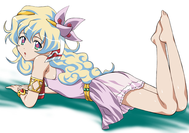 vogue, nia teppelin, tengen toppa gurren lagann, + +, 00s, 1girl, armlet, ass, barefoot, bracelet, cross-shaped pupils, dress, female focus, flat ass, flower, hair flower, hair ornament, jewelry, long hair, looking back, lying, multicolored hair, on stomach, pink dress, pink skirt, skirt, sleeveless, solo, symbol-shaped pupils