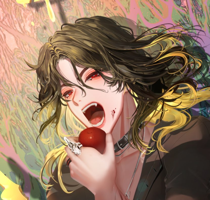 yukisaki mayui, indie virtual youtuber, commentary, commission, english commentary, 1boy, apple, black hair, black shirt, colored inner hair, fangs, food, fruit, hair between eyes, holding, holding food, holding fruit, looking at viewer, male focus, medium hair, multicolored hair, nero au lune, open mouth, parted bangs, red eyes, shirt, solo, upper body, virtual youtuber